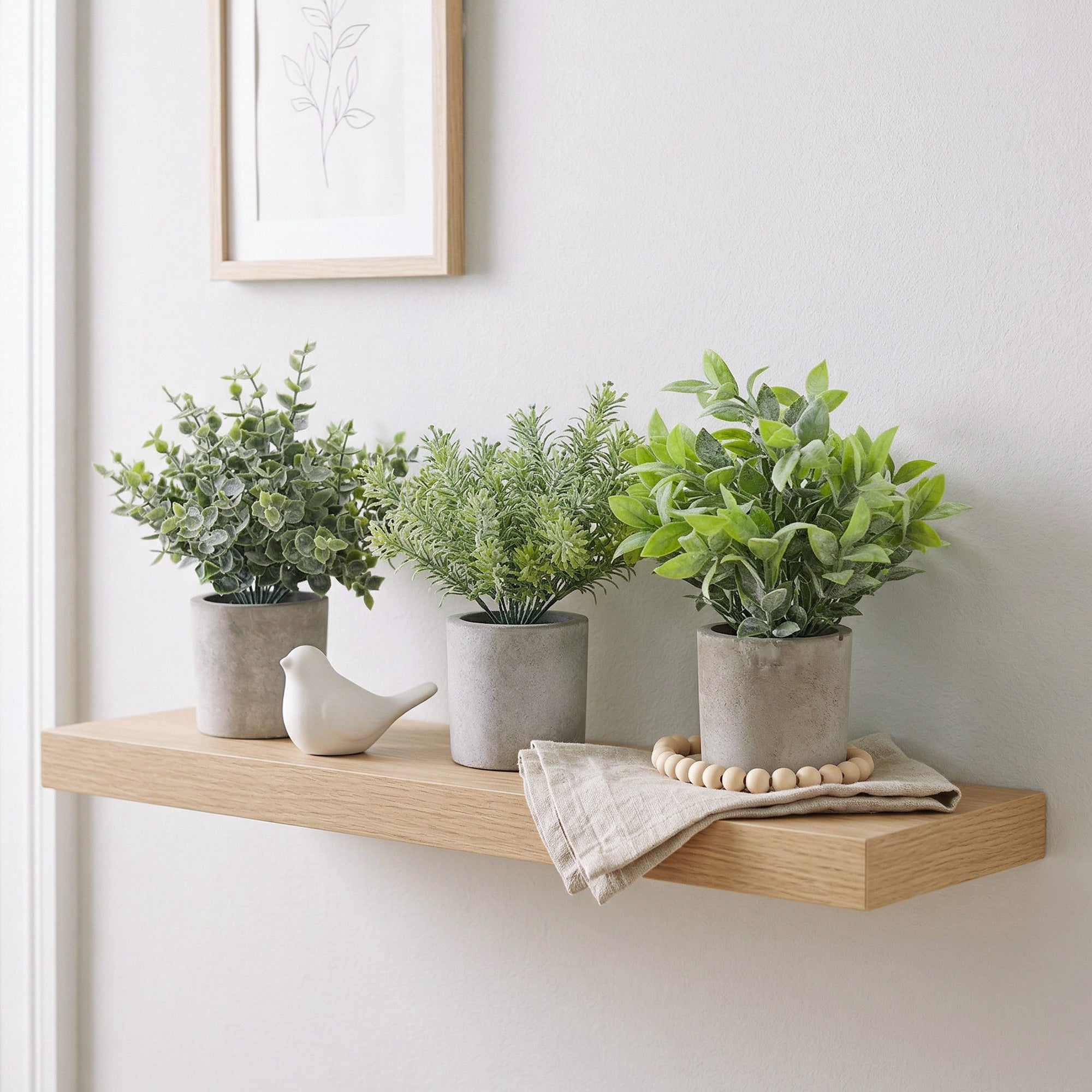 3 Pack Mini Potted Fake Plants Artificial Plastic Eucalyptus & Rosemary, Small Faux Greenery in Cement Pots for Floating Shelf, Wall & Home Decor