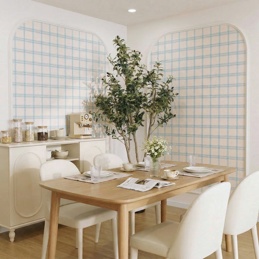 Realistic 6ft Faux Olive Tree displayed in bright modern dining room interior with wooden table, white upholstered chairs, and arched grid wall panels | Artificial Potted Olive Plant for Home & Office Decor