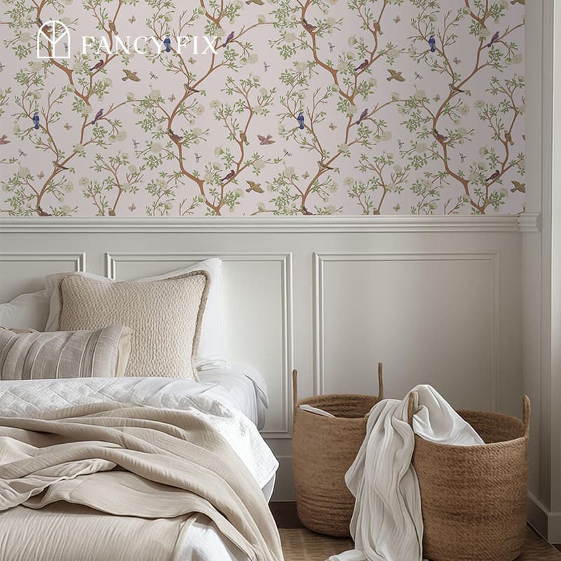 Whisper Of The Woodland Birds Peel And Stick Wallpaper – Blush-Pink Branch & Bird Design