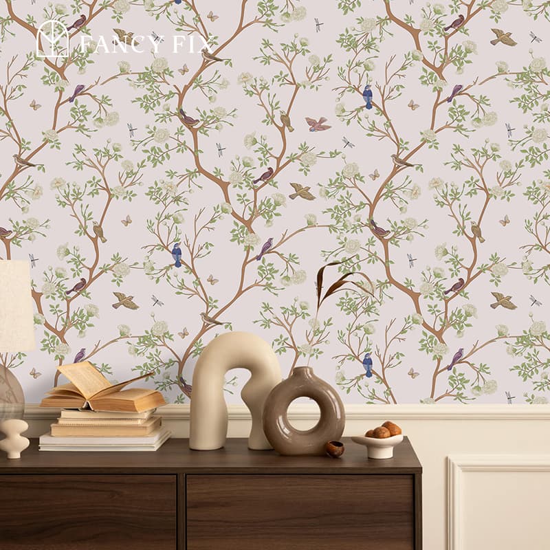 Whisper Of The Woodland Birds Peel And Stick Wallpaper – Blush-Pink Branch & Bird Design