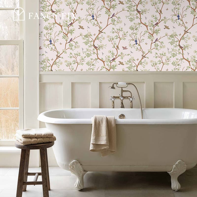 Whisper Of The Woodland Birds Peel And Stick Wallpaper – Blush-Pink Branch & Bird Design