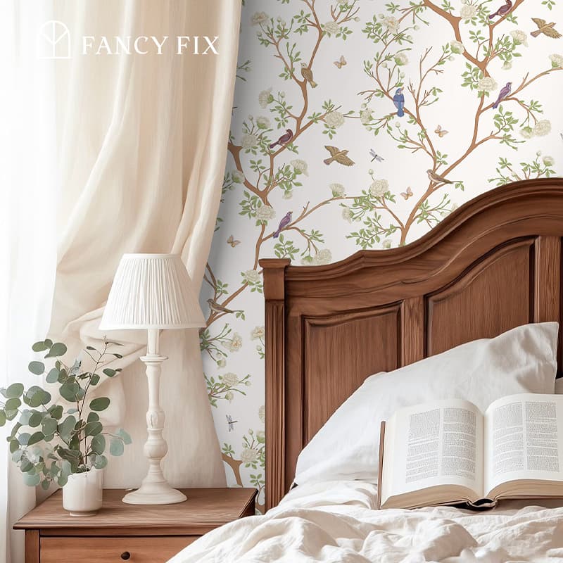 Whisper Of The Woodland Birds Peel And Stick Wallpaper – Blush-Pink Branch & Bird Design