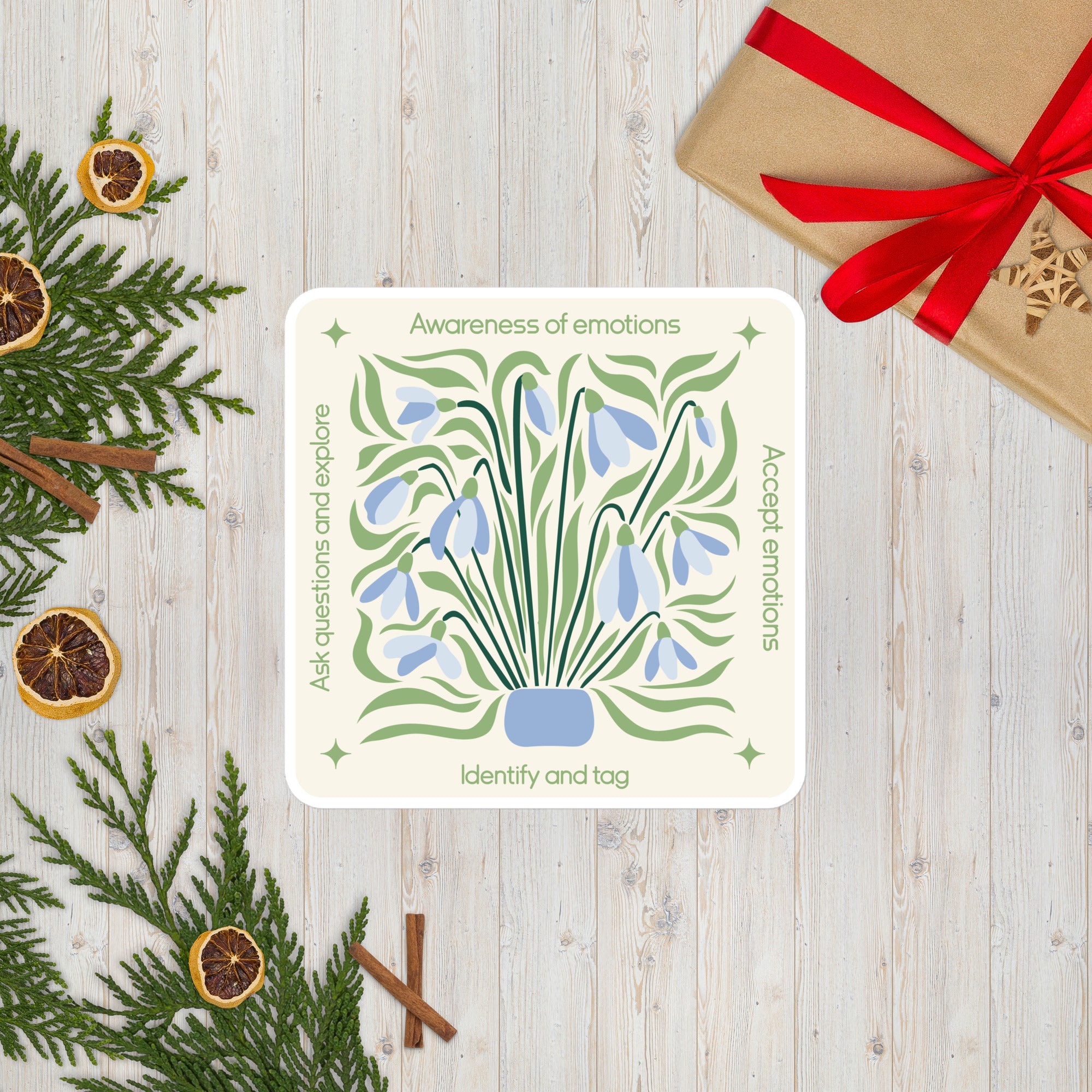 Blue Floral Mindfulness Square Sticker – Emotions Awareness & Self-Reflection gifts