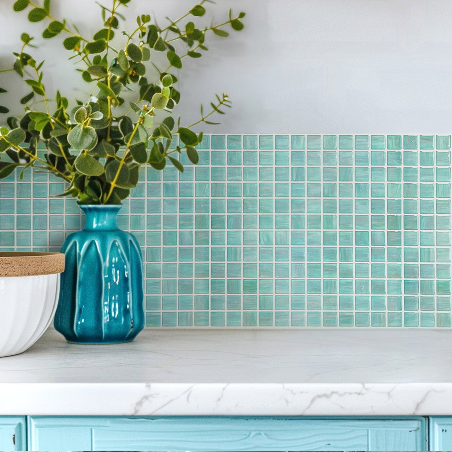 Fancytiles Peel And Stick Wall Tile Mosaic Ocean Sapphire - Glossy Green Vinyl Tiles