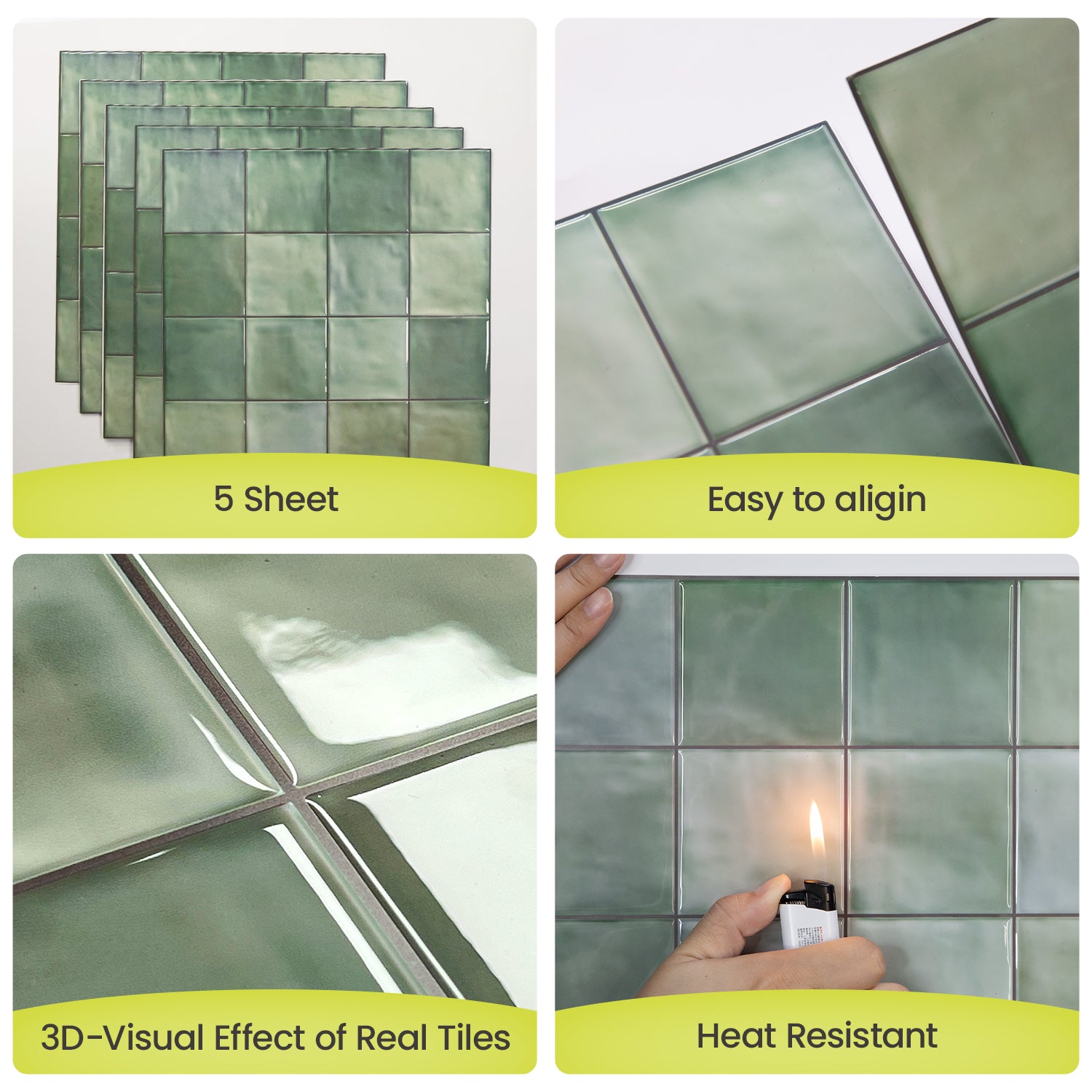 Fancytiles Spring Moss Green Peel And Stick Backsplash Tile – Self-Adhesive Vinyl Tile Sticker