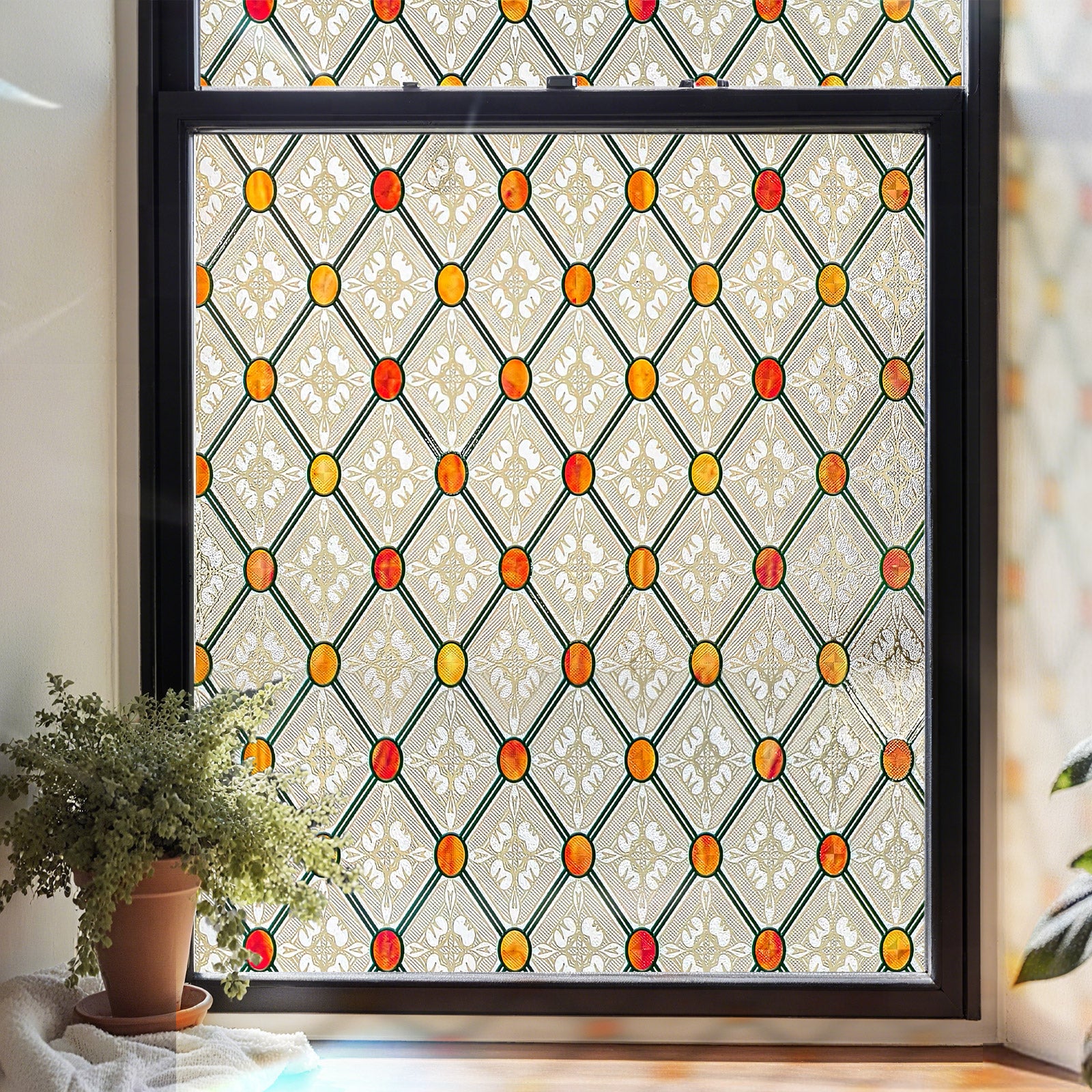 Gothic Diamond Stained Glass Window Film, Decorative & Privacy Window Film – Static Cling