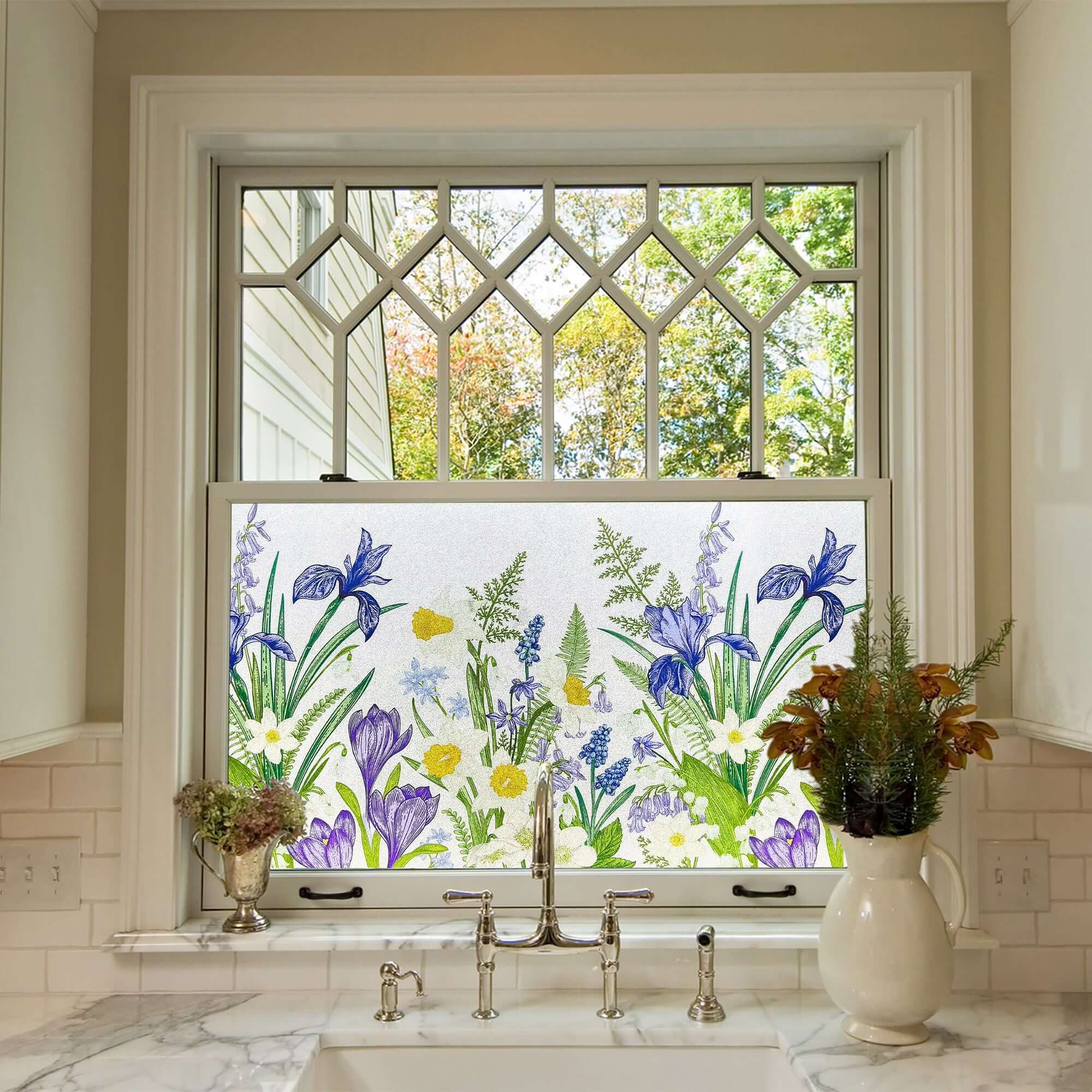 Film décoratif pour fenêtre en vitrail à motif de fleurs d'iris