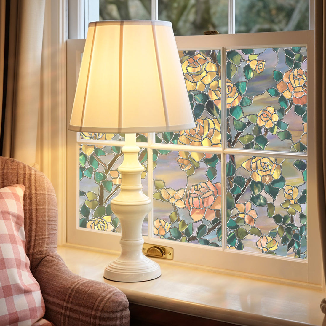 Elegant Window Treatment: ' The Beast's Roses ' in Our Floral Stained Glass Film Series
