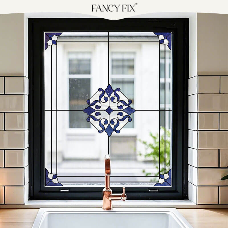 Decorative glass film applied to a home window
