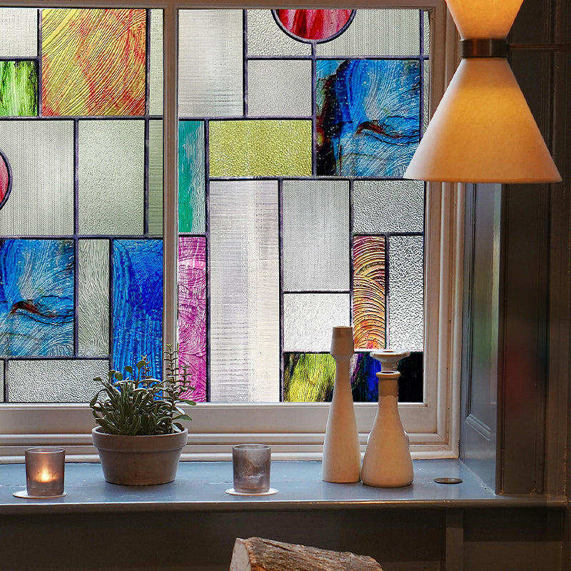 Stained glass window film used in a DIY window makeover