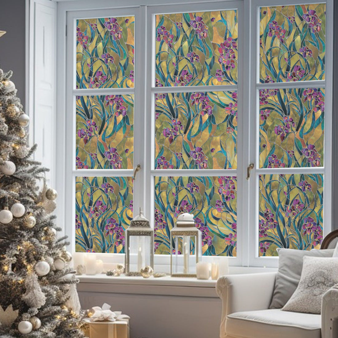 Irises pattern stained glass window film on a window