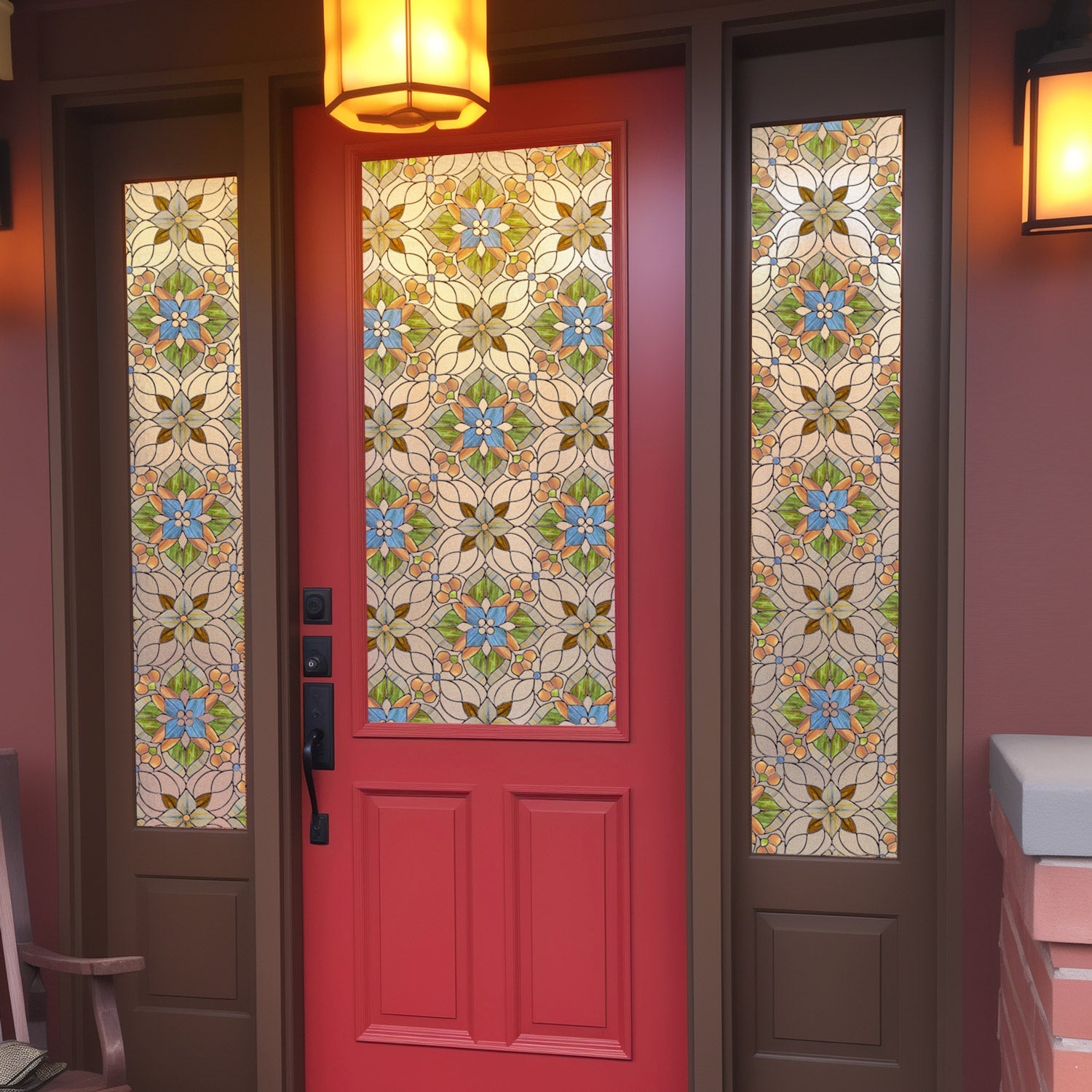 Kaleidoscope stained glass window film letting light through a window
