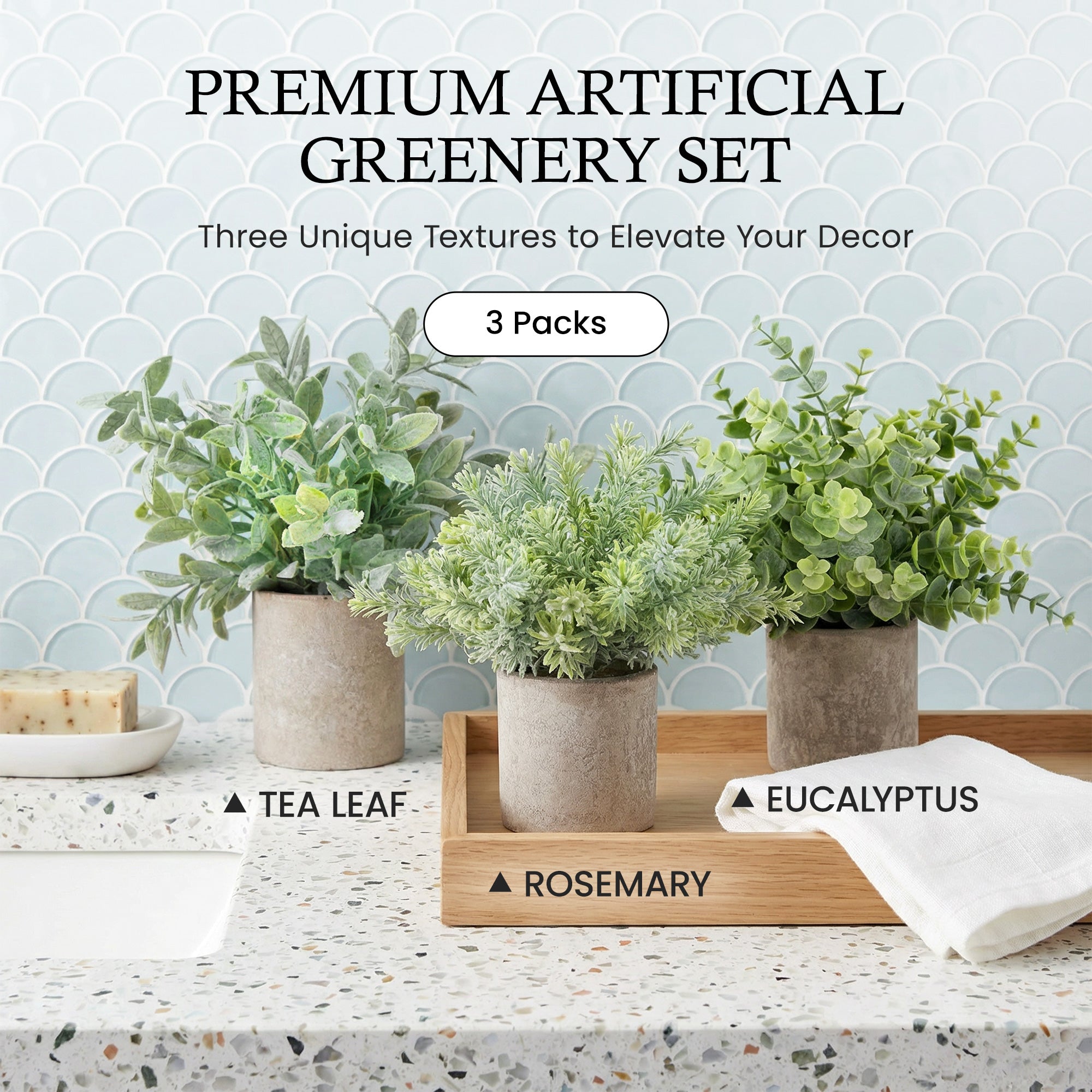 3 Pack Mini Potted Fake Plants Artificial Plastic Eucalyptus Plants