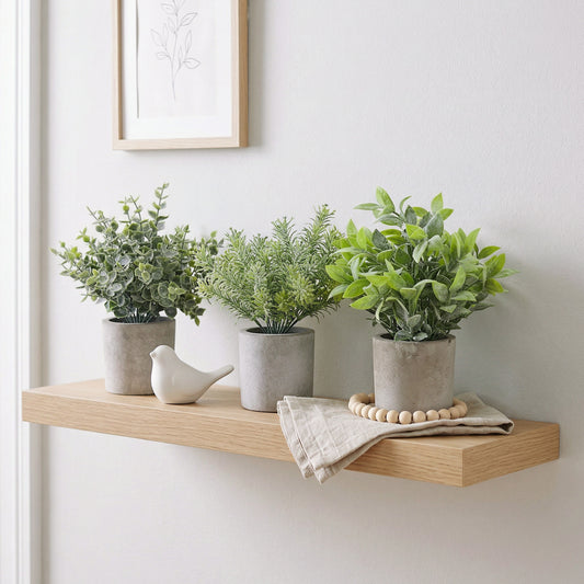 3 Pack Mini Potted Fake Plants Artificial Plastic Eucalyptus & Rosemary, Small Faux Greenery in Cement Pots for Floating Shelf, Wall & Home Decor

