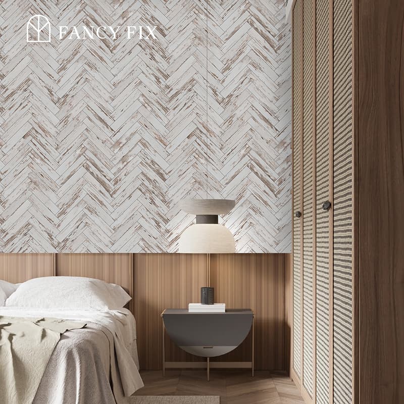 Papier peint autocollant effet bois de frêne blanc à chevrons – Vinyle réaliste avec grain de bois (auto-adhésif)