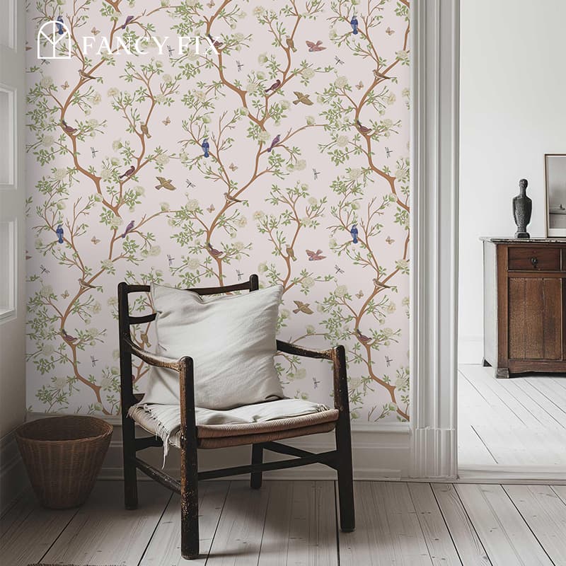 Whisper Of The Woodland Birds Peel And Stick Wallpaper – Blush-Pink Branch & Bird Design