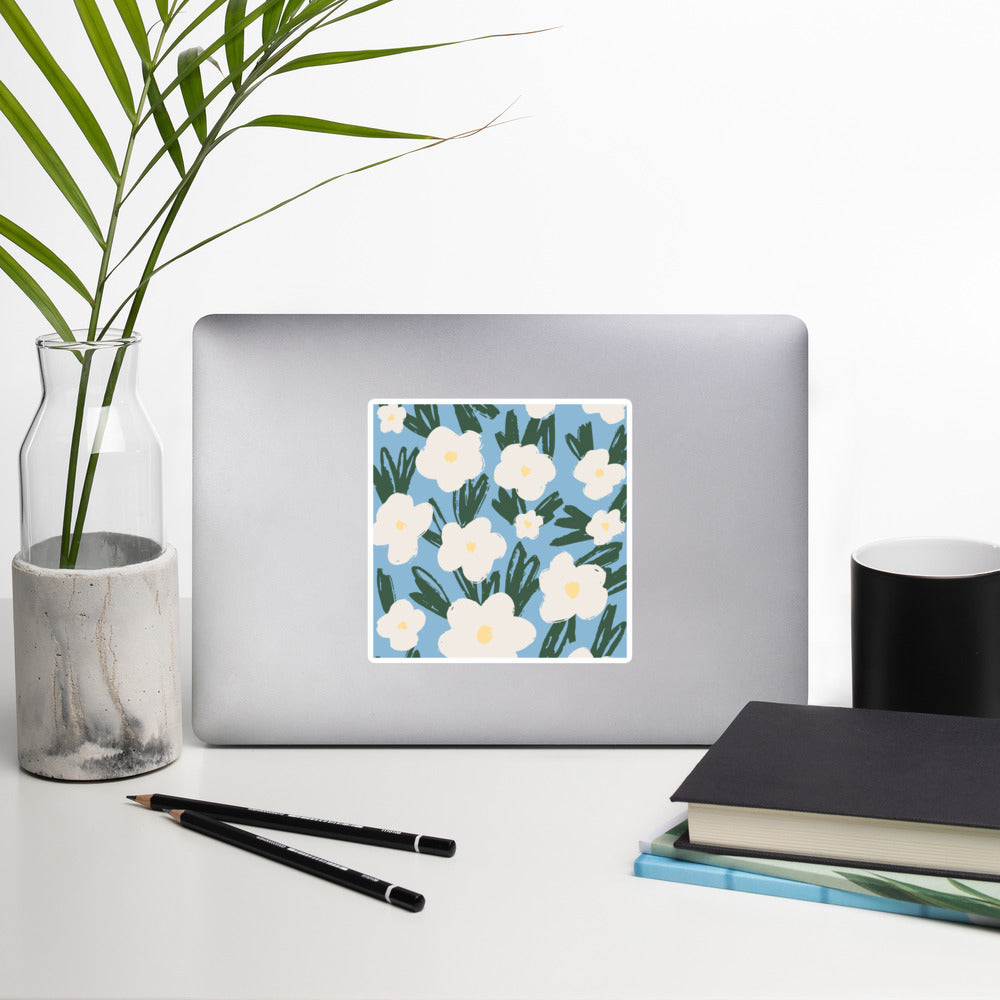 Artistic Blue Sticker with White Flowers – Hand-Drawn Floral Decal for Crafts on laptop