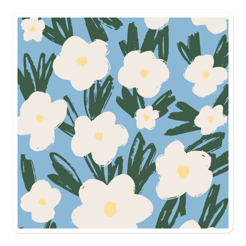Artistic Blue Sticker with White Flowers – Hand-Drawn Floral Decal for Crafts on laptop