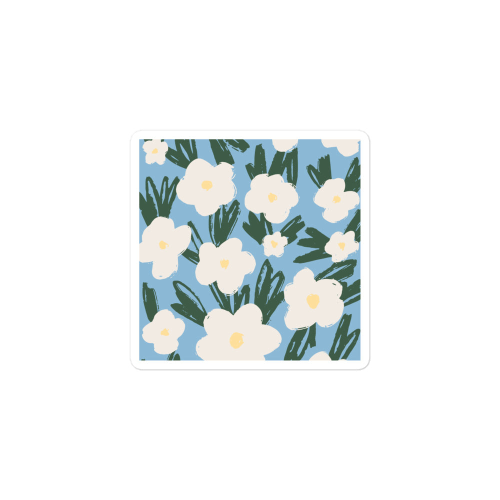 Artistic Blue Sticker with White Flowers – Hand-Drawn Floral Decal for Crafts
