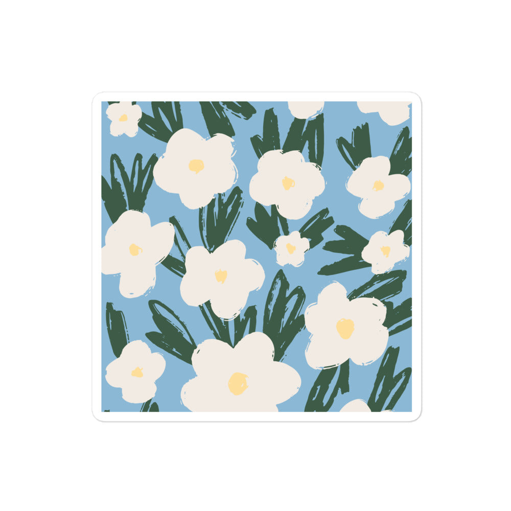Artistic Blue Sticker with White Flowers – Hand-Drawn Floral Decal for Crafts
