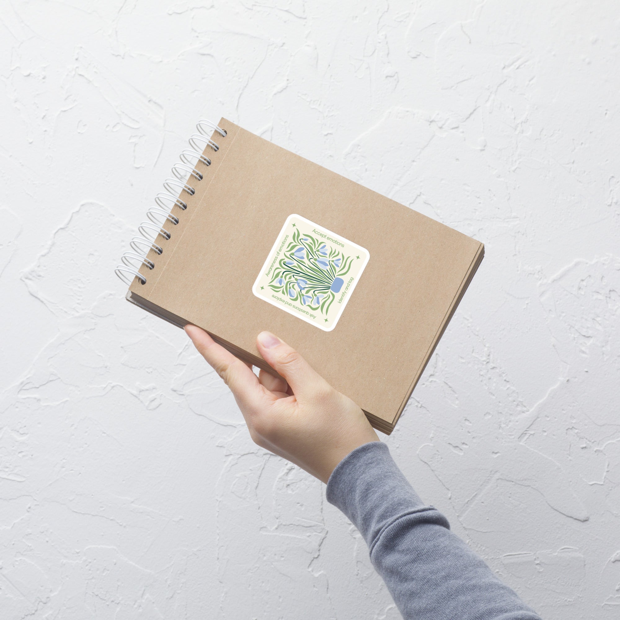 Blue Floral Mindfulness Square Sticker – Emotions Awareness & Self-Reflection notebook
