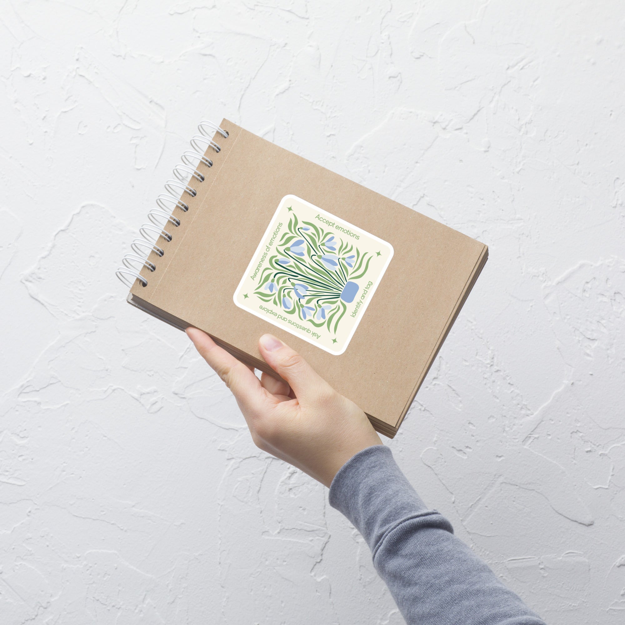 Blue Floral Mindfulness Square Sticker – Emotions Awareness & Self-Reflection notebook