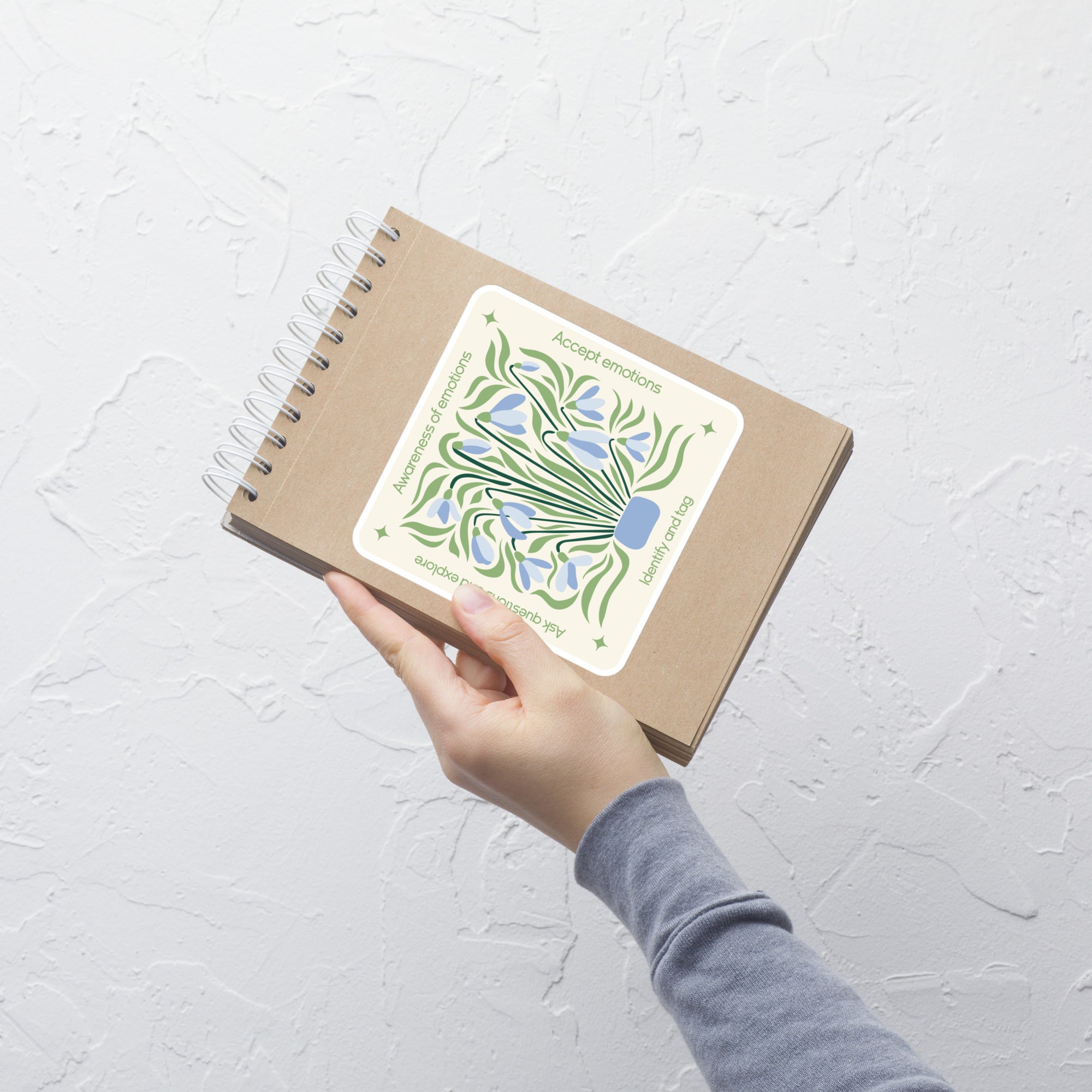 Blue Floral Mindfulness Square Sticker – Emotions Awareness & Self-Reflection notebook