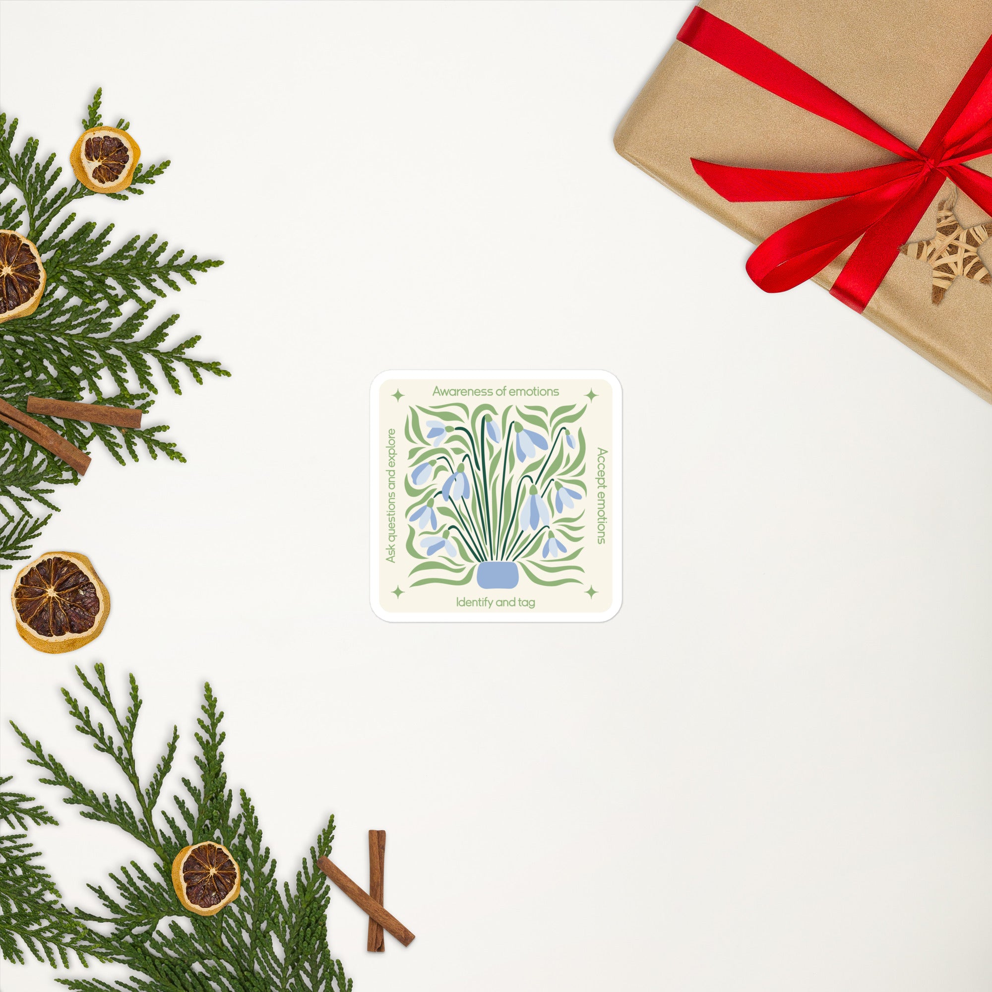 Blue Floral Mindfulness Square Sticker – Emotions Awareness & Self-Reflection gift