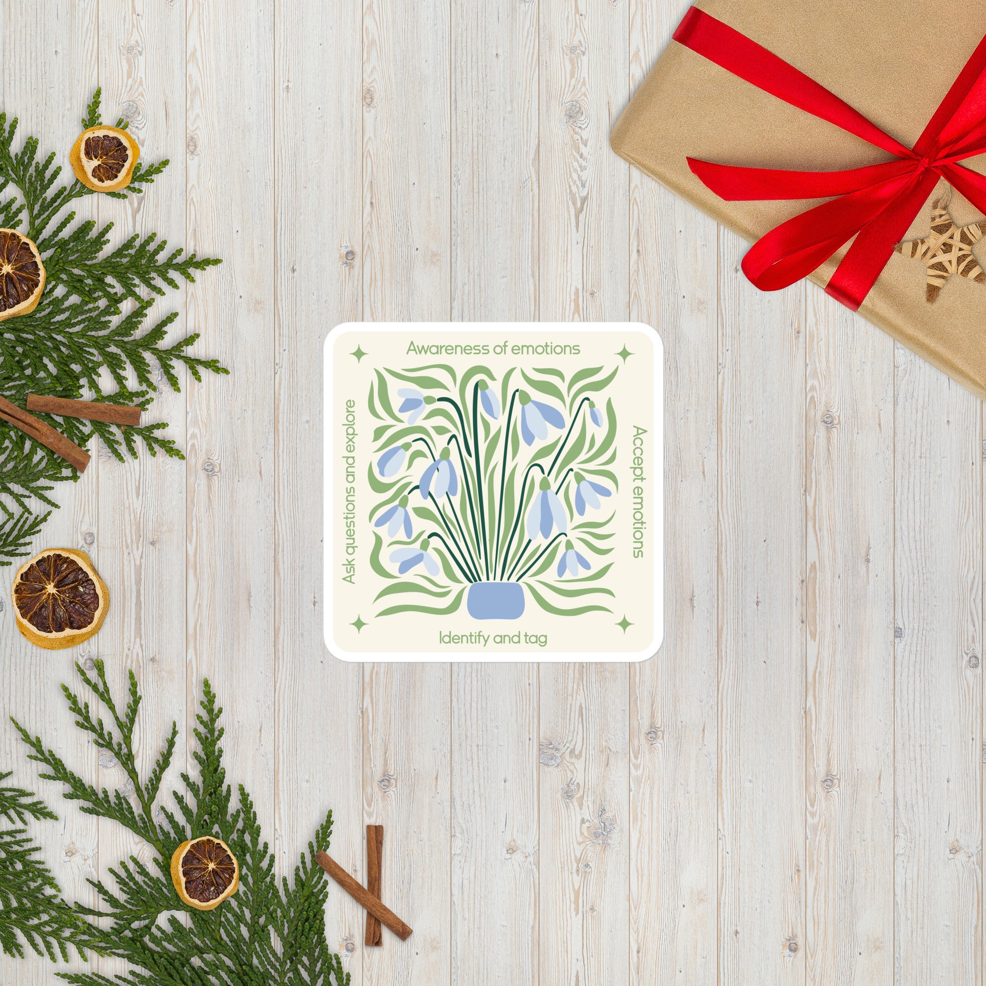 Blue Floral Mindfulness Square Sticker – Emotions Awareness & Self-Reflection gifts