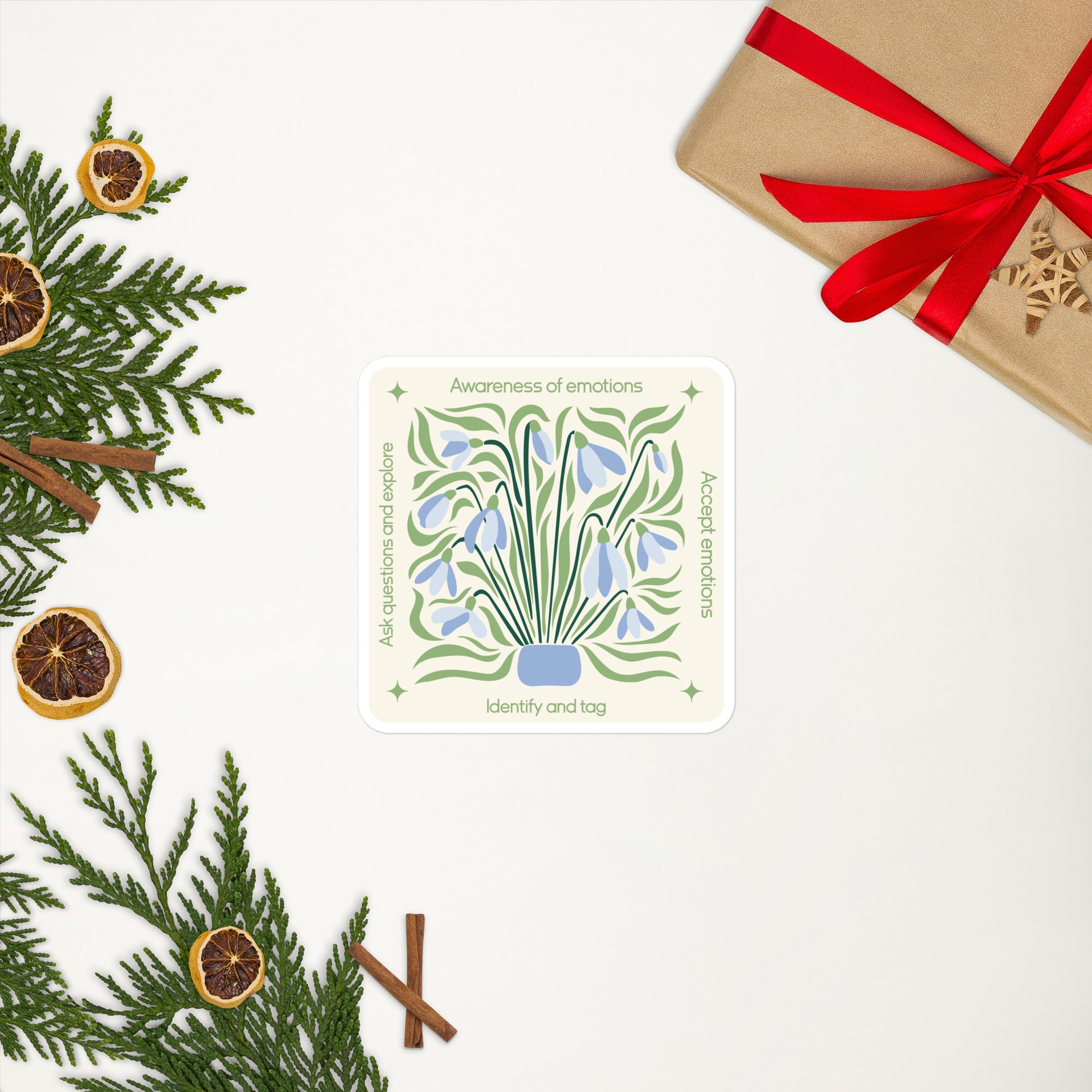 Blue Floral Mindfulness Square Sticker – Emotions Awareness & Self-Reflection gifts