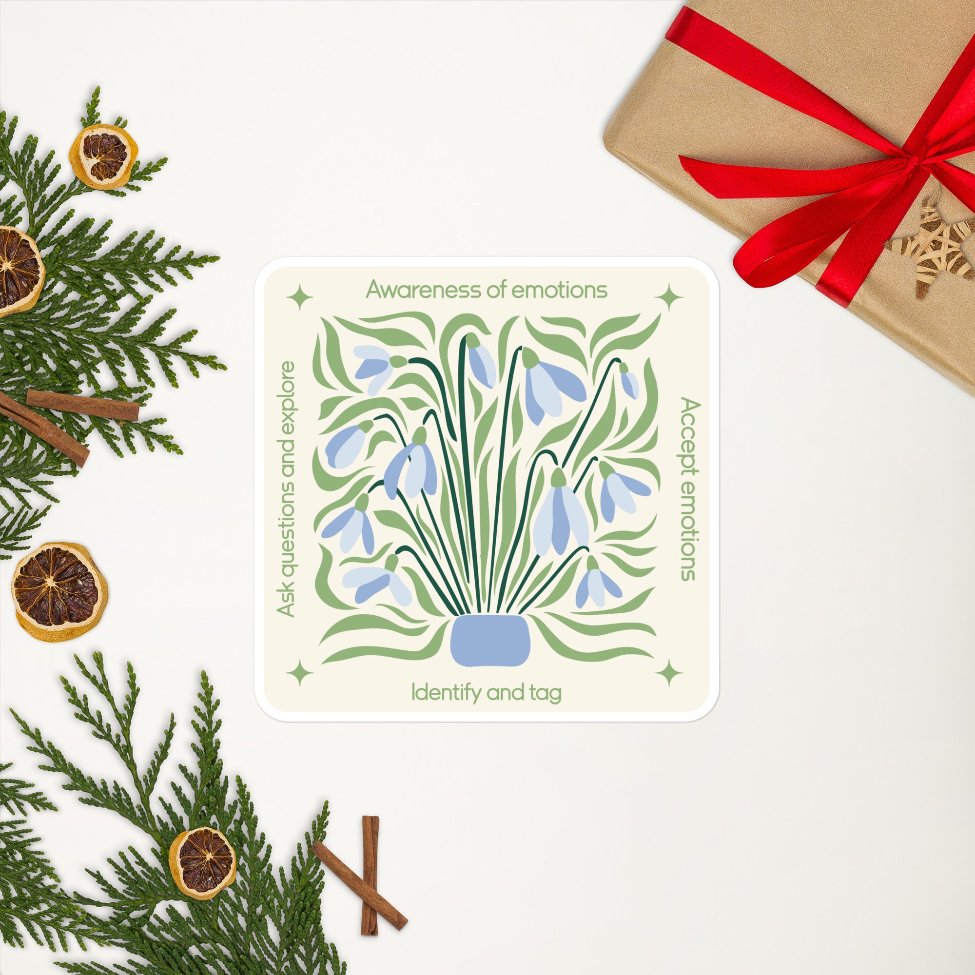 Blue Floral Mindfulness Square Sticker – Emotions Awareness & Self-Reflection gifts