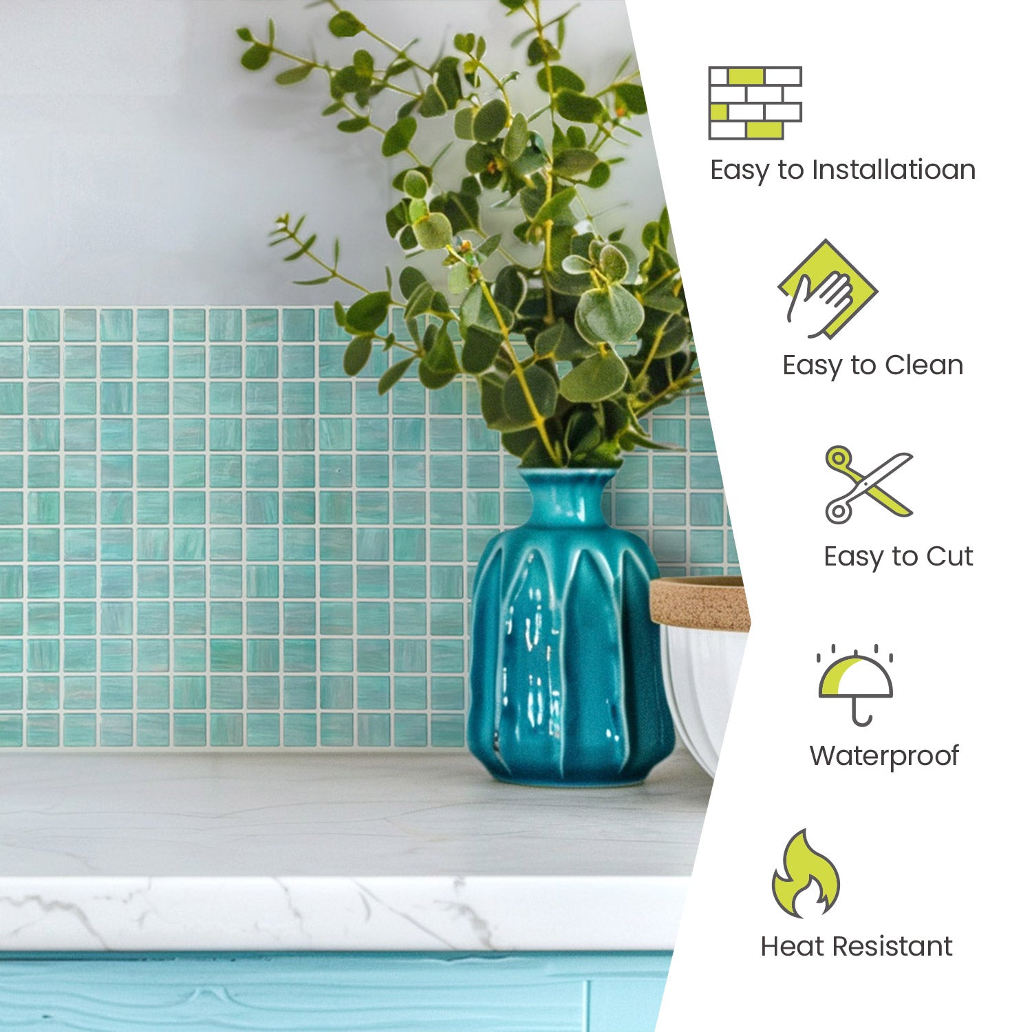 Fancytiles Peel And Stick Wall Tile Mosaic Ocean Sapphire - Glossy Green Vinyl Tiles