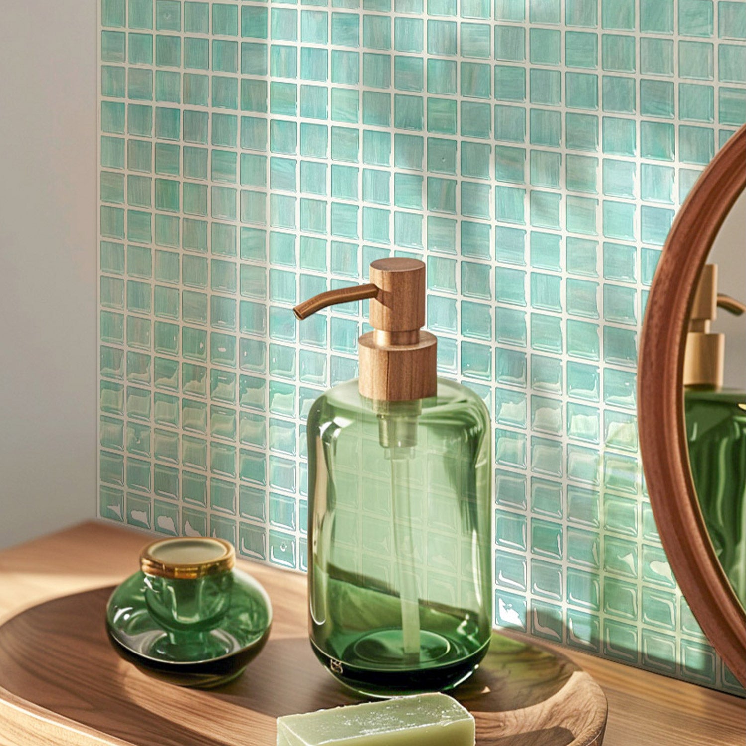 Fancytiles Peel And Stick Wall Tile Mosaic Ocean Sapphire - Glossy Green Vinyl Tiles