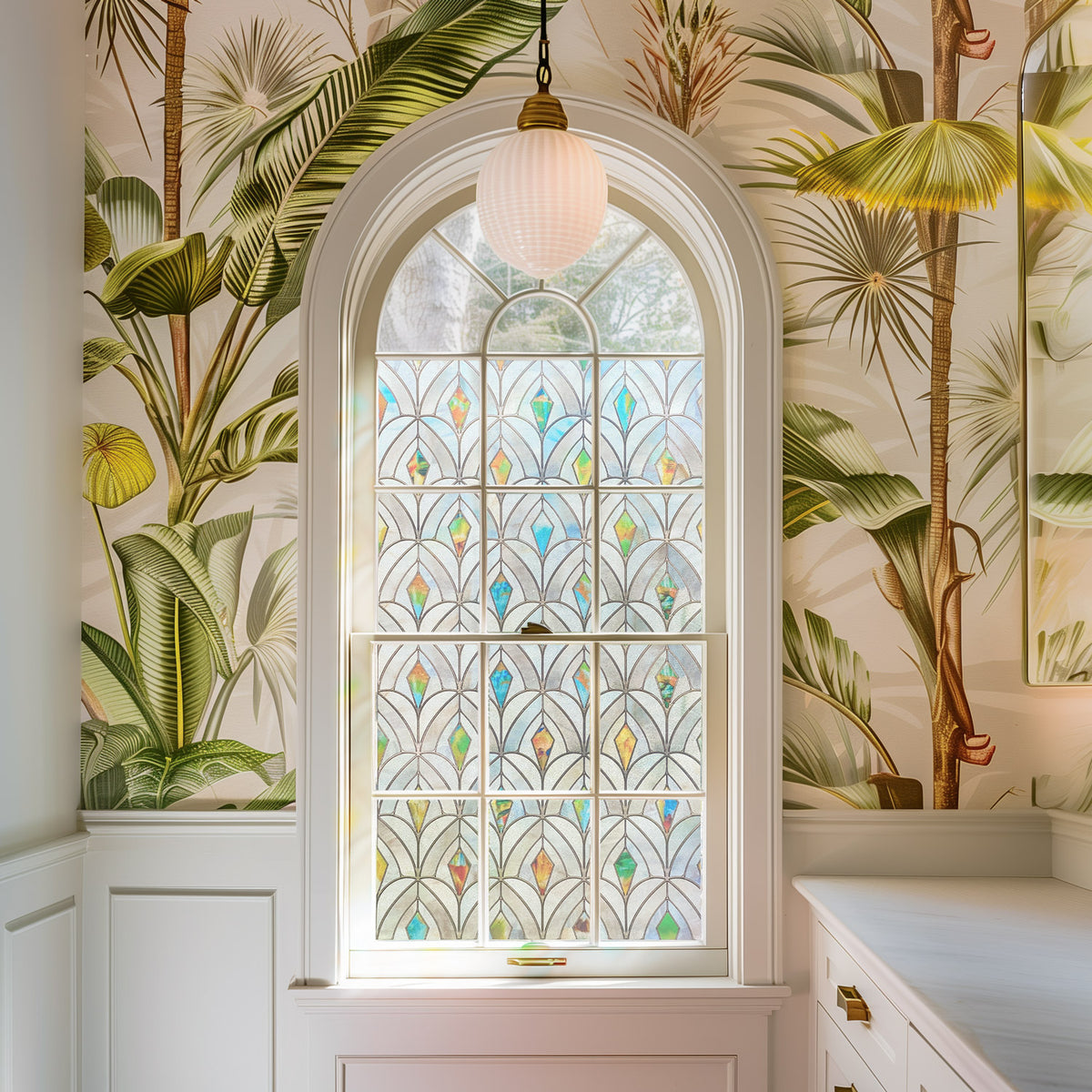 Peacocks window film on an arched window surrounded by botanical wallpaper
