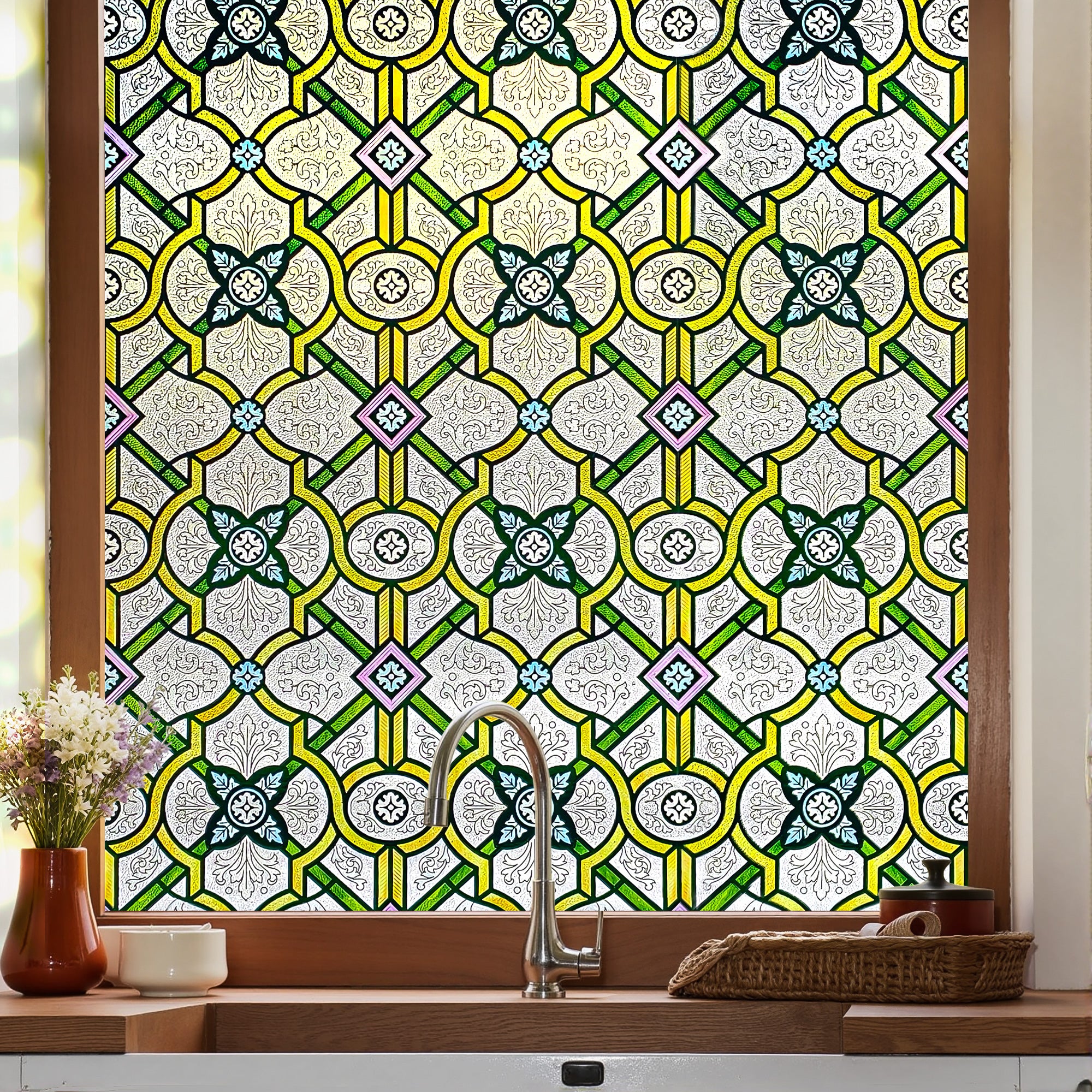 Holy Lattice Stained Glass Window Film – Decorative & Privacy Static Cling for Home Windows