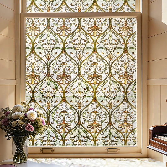 Honeysuckle Ogee Stained Glass Window Film: Vintage floral privacy window film for home.