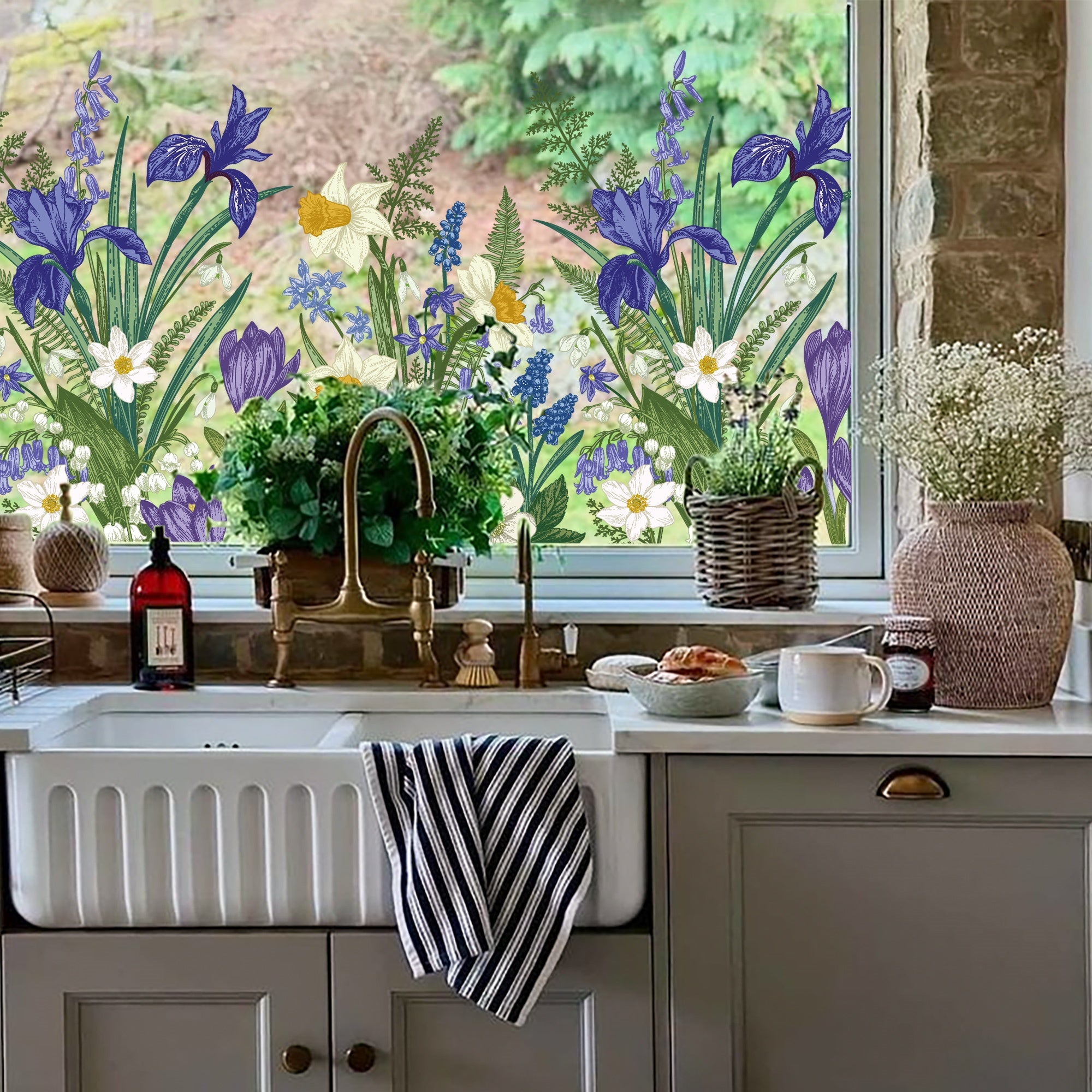 Film décoratif pour fenêtre en vitrail à motif de fleurs d'iris