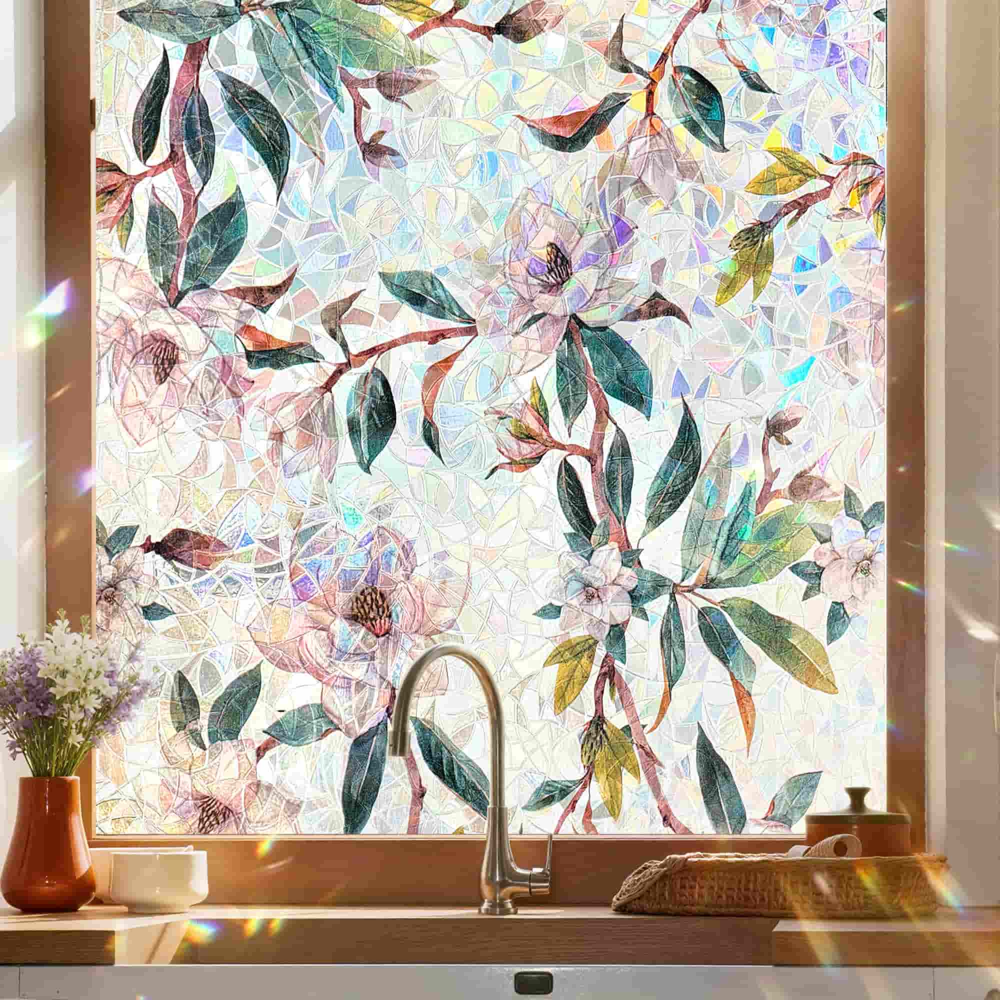 Laser Snow Magnolia Stained Glass Decorative Window Film