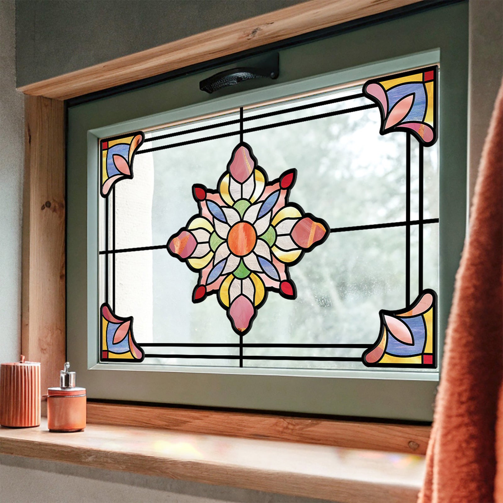 Film pour vitrail motif lotus arc-en-ciel – Film statique décoratif moderne pour fenêtre