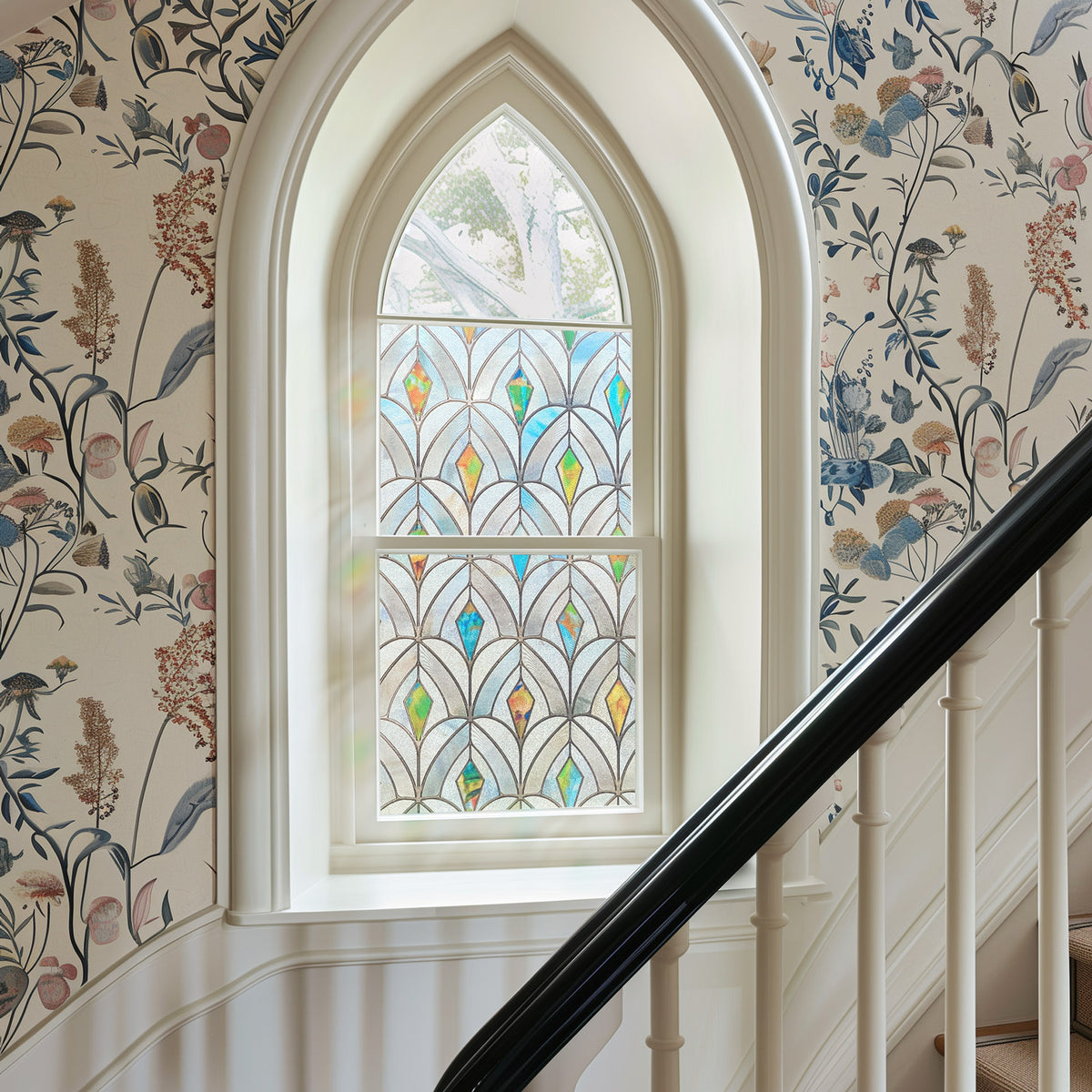 Arched staircase window decorated with Peacocks film