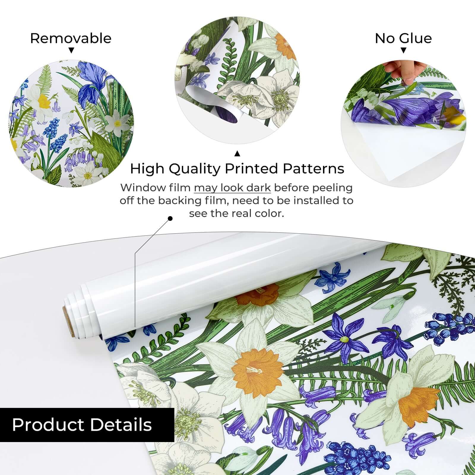 Film décoratif pour fenêtre en vitrail à motif de fleurs d'iris