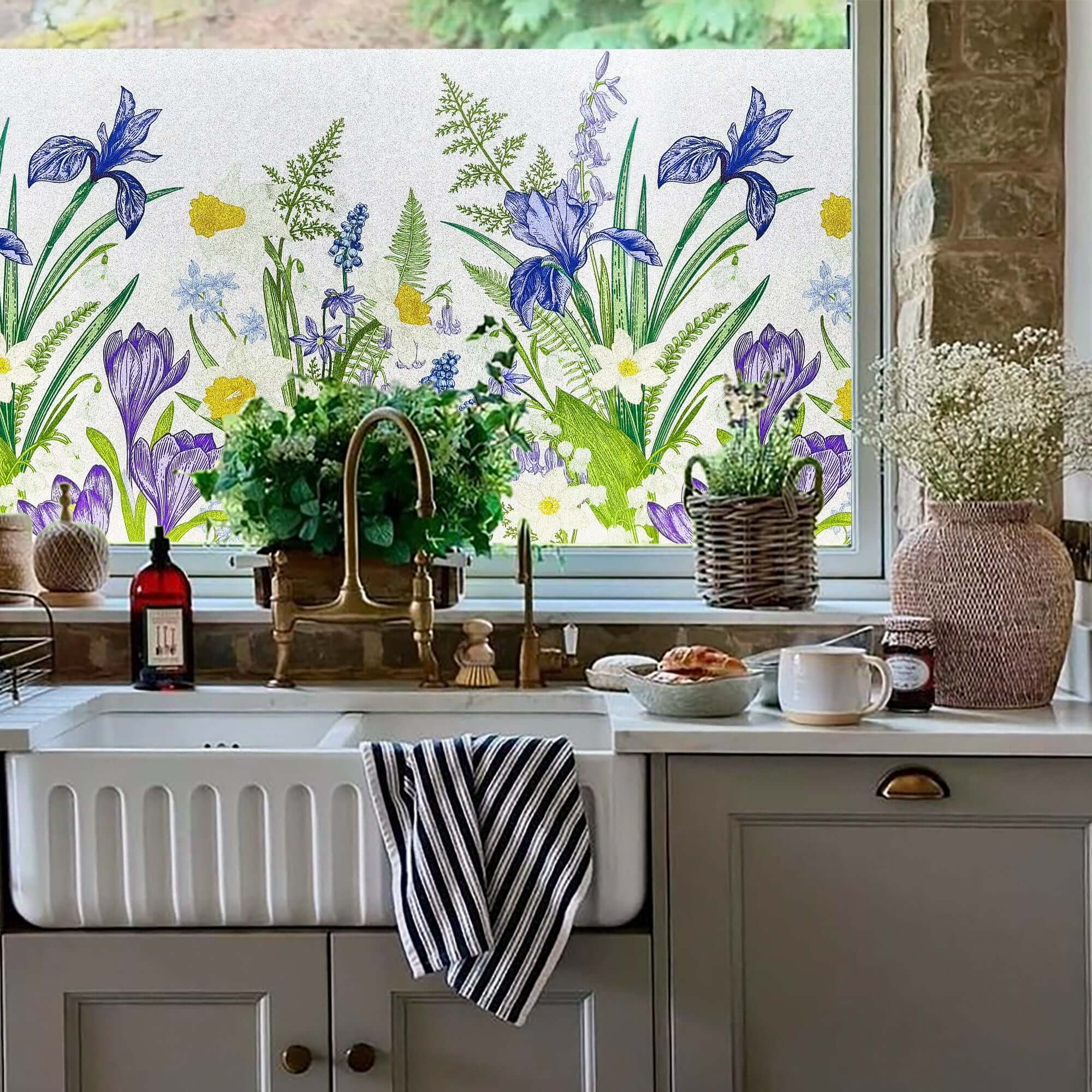 Film décoratif pour fenêtre en vitrail à motif de fleurs d'iris