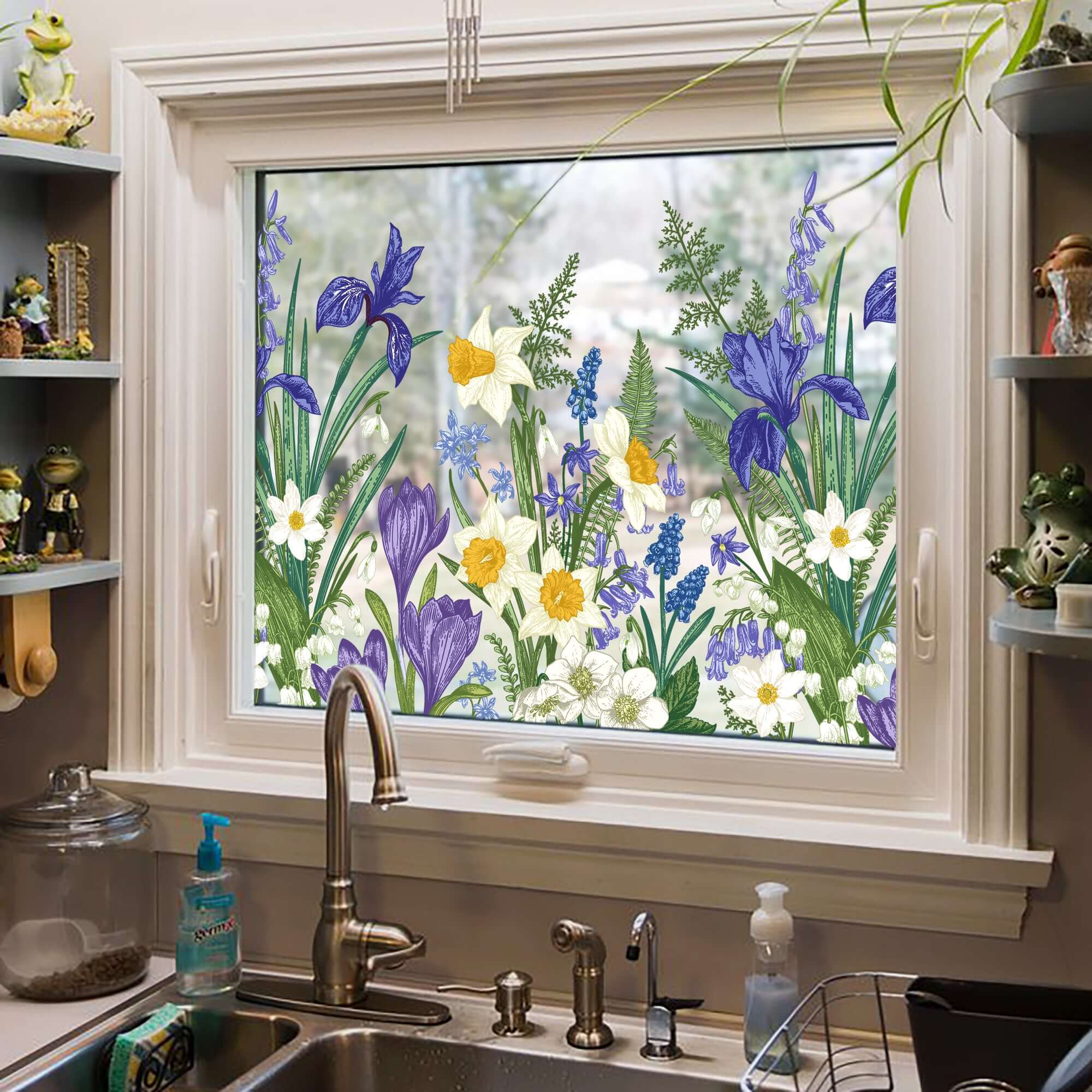 Film décoratif pour fenêtre en vitrail à motif de fleurs d'iris