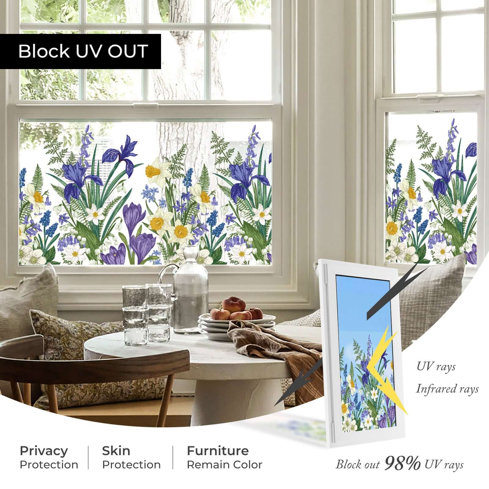 Film décoratif pour fenêtre en vitrail à motif de fleurs d'iris