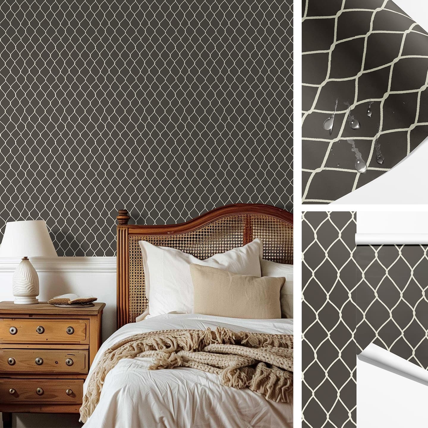 Wave Grid Peel And Stick Wallpaper – Matte Black Geometric Flow for Accent Walls